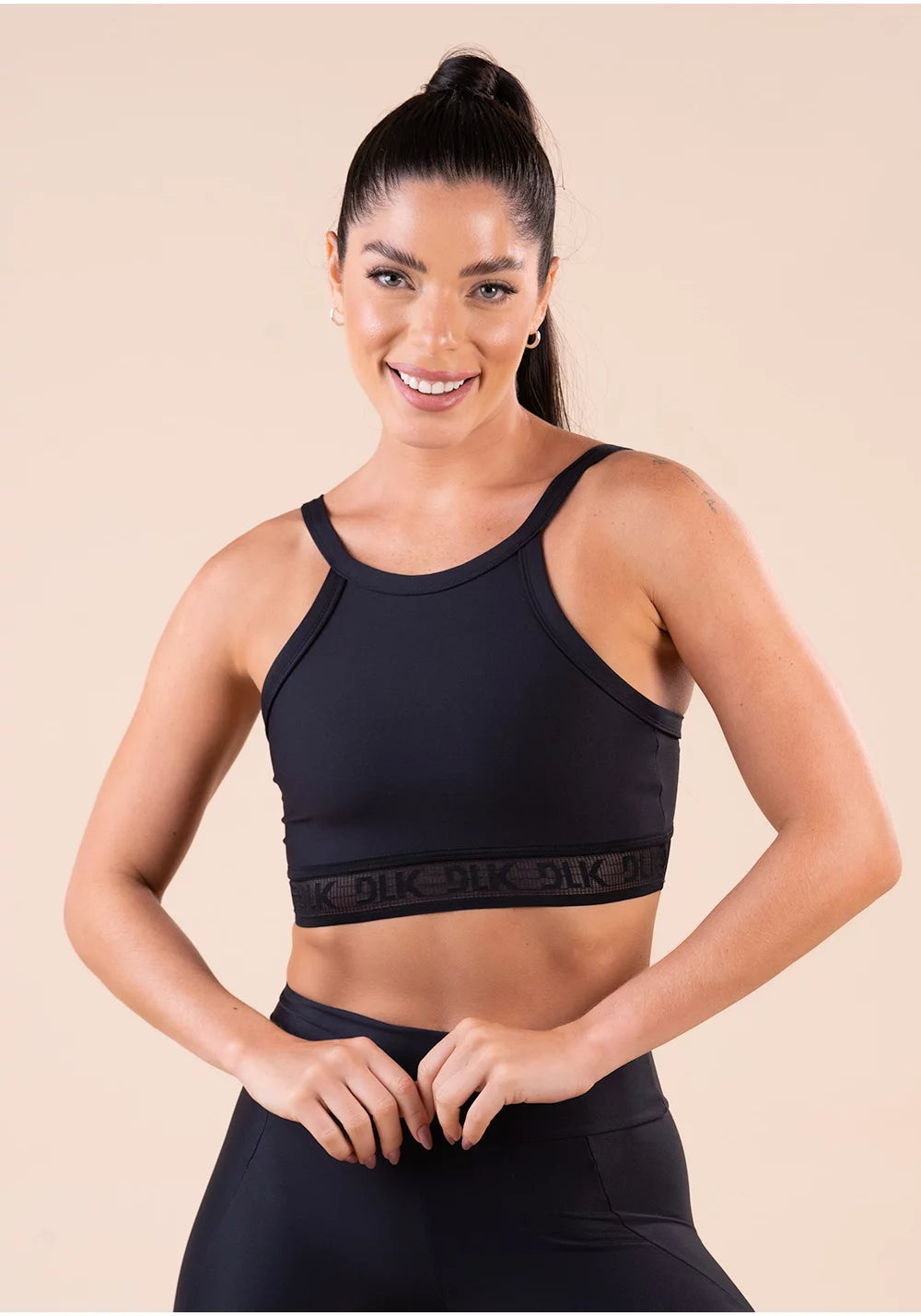 Top fitness feminino preto elástico vazado action – Basic Store